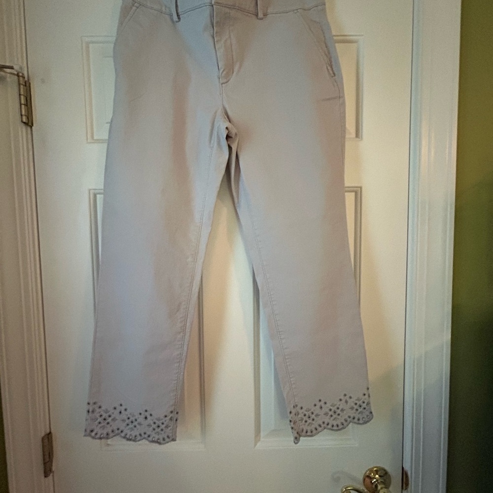LOFT Gray Ankle Cropped Pants with Ornate Hem